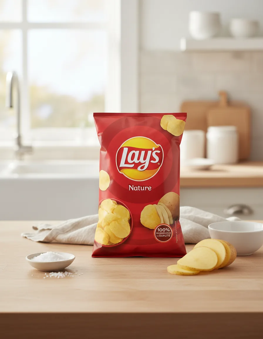 Sachet de chips Lay's mis en scène sur un plan de travail en bois