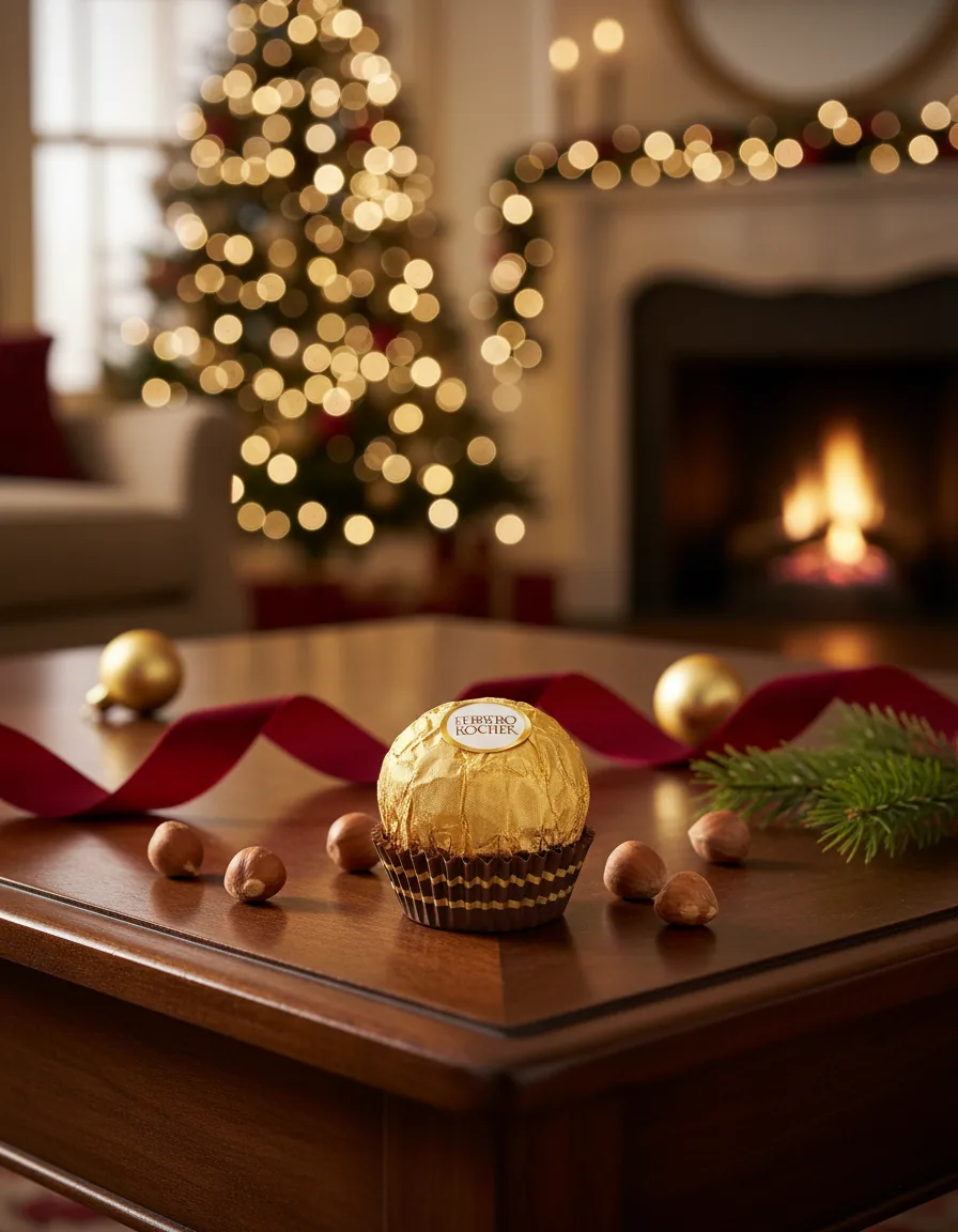 Boîte de Ferrero Rocher mise en scène devant un sapin de Noël