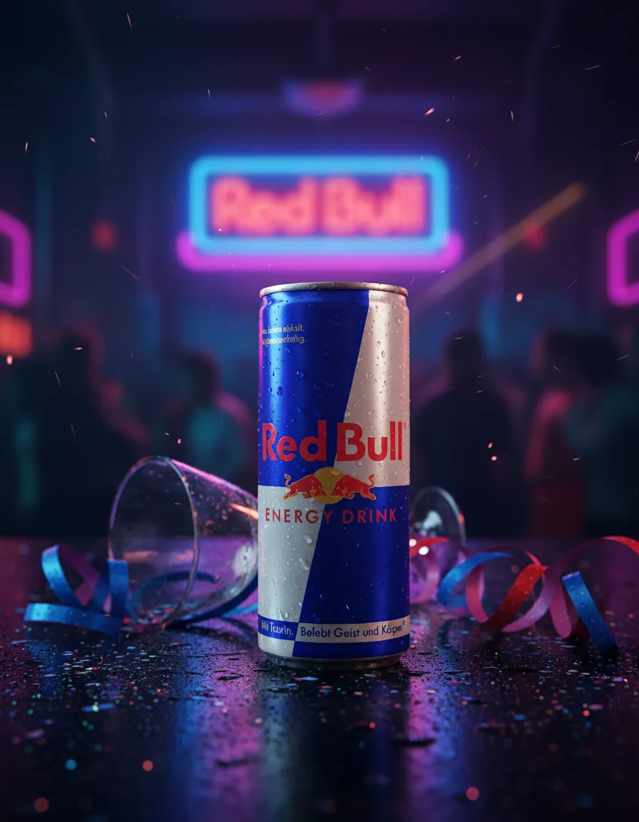 Canette Red Bull mise en scène dans une ambiance nocturne néon