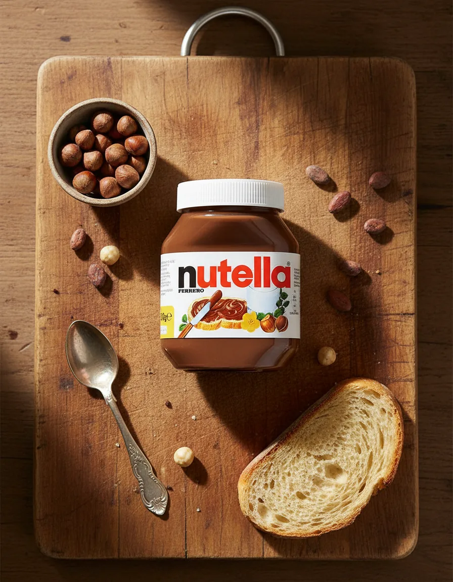 Pot de Nutella mis en scène sur une planche en bois avec des noisettes